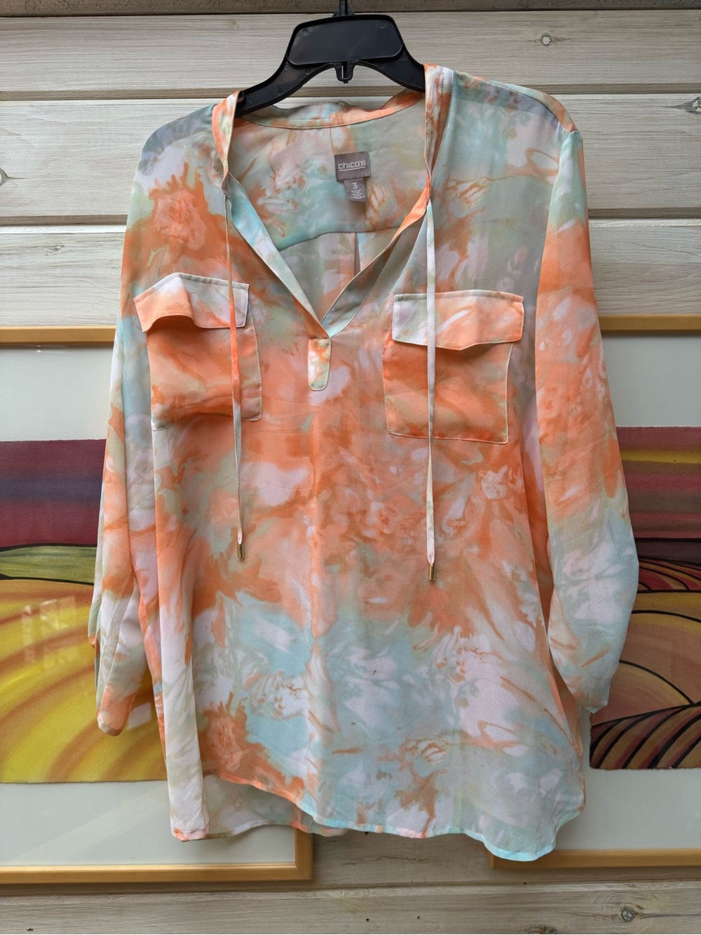 Chico's Orange and Mint Tie-Dye V-Neck Tunic